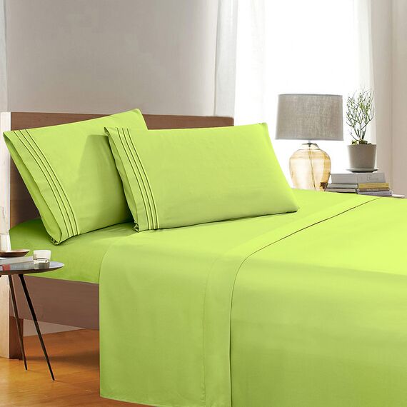 Eleganter Komfort, Fadenzahl, Falten- und farbbeständig, ägyptische Qualität, 3-teiliges Bettwäsche-Set mit Bettlaken, Spannbetttuch und 1 Kissenbezug Full neon Green