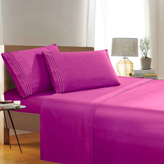 Eleganter Komfort, Fadenzahl, Falten- und farbbeständig, ägyptische Qualität, 3-teiliges Bettwäsche-Set mit Bettlaken, Spannbetttuch und 1 Kissenbezug California King Passionate Pink