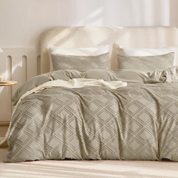 JELLYMONI Bettbezug, Queen-Size, Khaki, 3-teiliges Boho-Bettwäsche-Set, kariert, Polyester, getuftet, Bohemian-Jacquard-Strick, strukturierter Bettbezug, 228,6 x 228,6 cm, rautenförmiges geometrisches