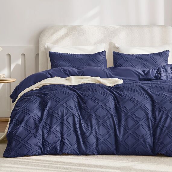JELLYMONI Bettbezug, Twin-Size, Marineblau, 3-teiliges Boho-Bettwäsche-Set, kariert, Polyester, getuftet, Bohemian-Jacquard-Strick, strukturierter Bettbezug, 172,7 x 228,6 cm, rautenförmiges