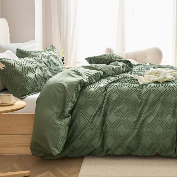 JELLYMONI Grünes Bettbezug-Set, Queen-Size-Größe, Mikrofaser, getuftet, Boho-Struktur, Jacquard-Raute, geometrisches Muster, Bettbezug mit Eckbändern und Reißverschluss