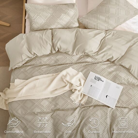 JELLYMONI Bettbezug, Full-Size, Khaki (Light Khaki), 3-teiliges Boho-Bettwäsche-Set, kariert, Polyester, getuftet, Bohemian-Jacquard-Strick, strukturierter Bettbezug, 203,2 x 228,6 cm, rautenförmiges