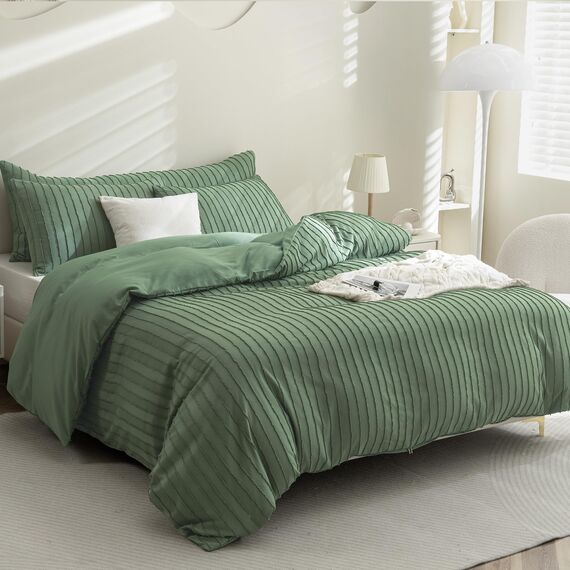 JELLYMONI Bettbezug, Super-Queen-Size, Grün, 3-teiliges Boho-Bettwäsche-Set, gestreift, Polyester, getuftet, Boho, strukturiert, 249 x 228,6 cm, mit Eckbändern, Reißverschluss und 2 Kissenbezügen