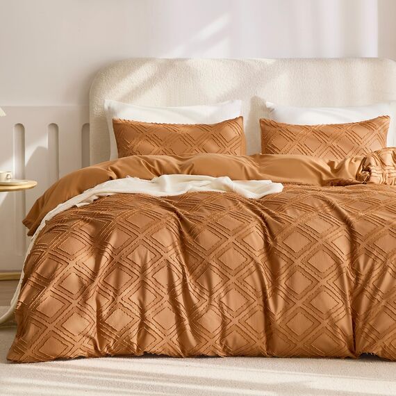JELLYMONI Bettbezug, Queen-Size, Rostbraun, 3-teiliges Boho-Bettwäsche-Set, kariert, Polyester, getuftet, Bohemian-Jacquard-Strick, strukturierter Bettbezug, 228,6 x 228,6 cm, rautenförmiges