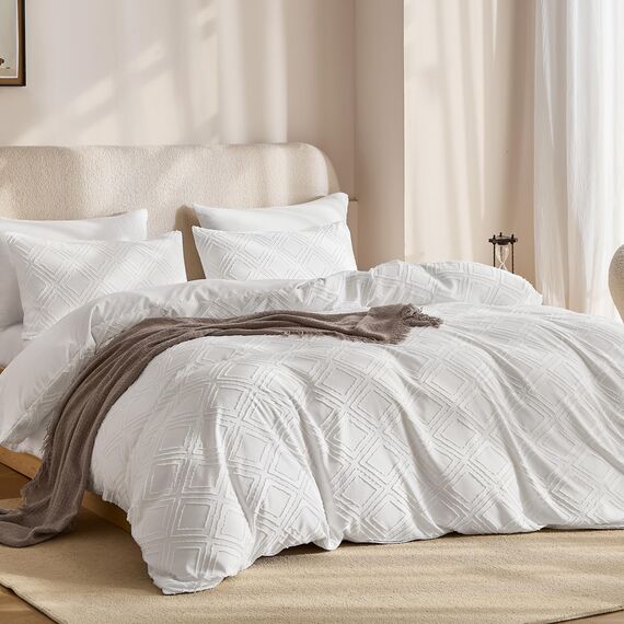 JELLYMONI Bettbezug, King-Size, Weiß (Bright White), 3-teiliges Boho-Bettwäsche-Set, kariert, Polyester, getuftet, Jacquard-Strick, strukturierter Bettbezug, 264,1 x 228,6 cm, rautenförmiges