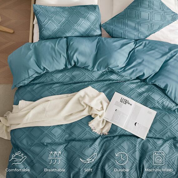JELLYMONI Bettbezug, Queen-Size, Graublau, 3-teiliges Boho-Bettwäsche-Set, kariert, Polyester, getuftet, Bohemian-Jacquard-Strick, strukturierter Bettbezug, 228,6 x 228,6 cm, rautenförmiges
