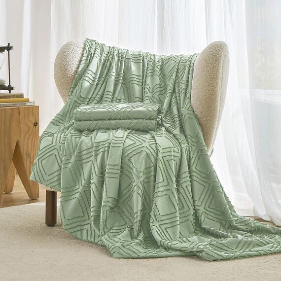 JELLYMONI Bettbezug, Queen-Size, Hellgrün, 3-teiliges Boho-Bettwäsche-Set, kariert, Polyester, getuftet, Jacquard-Strick, strukturierter Bettbezug, 228,6 x 228,6 cm, rautenförmiges geometrisches
