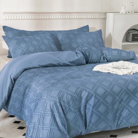 JELLYMONI Bettbezug, Queen-Size, Blau, 3-teiliges Boho-Bettwäsche-Set, kariert, Polyester, getuftet, Jacquard-Strick, strukturierter Bettbezug, 228,6 x 228,6 cm, rautenförmiges geometrisches Muster