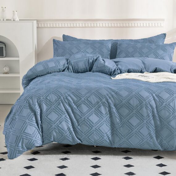 JELLYMONI Bettbezug, Full-Size, Blau, 3-teiliges Boho-Bettwäsche-Set, kariert, Polyester, getuftet, Bohemian-Jacquard-Strick, strukturierter Bettbezug, 203,2 x 228,6 cm, rautenförmiges geometrisches