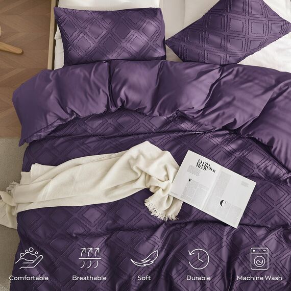 JELLYMONI Bettbezug, Queen-Size, Lila, 3-teiliges Boho-Bettwäsche-Set, kariert, Polyester, getuftet, Bohemian-Jacquard-Strick, strukturierter Bettbezug, 228,6 x 228,6 cm, rautenförmiges geometrisches