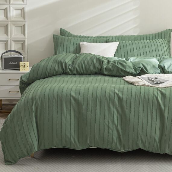 JELLYMONI Bettbezug, Super-Queen-Size, Grün, 3-teiliges Boho-Bettwäsche-Set, gestreift, Polyester, getuftet, Boho, strukturiert, 249 x 228,6 cm, mit Eckbändern, Reißverschluss und 2 Kissenbezügen