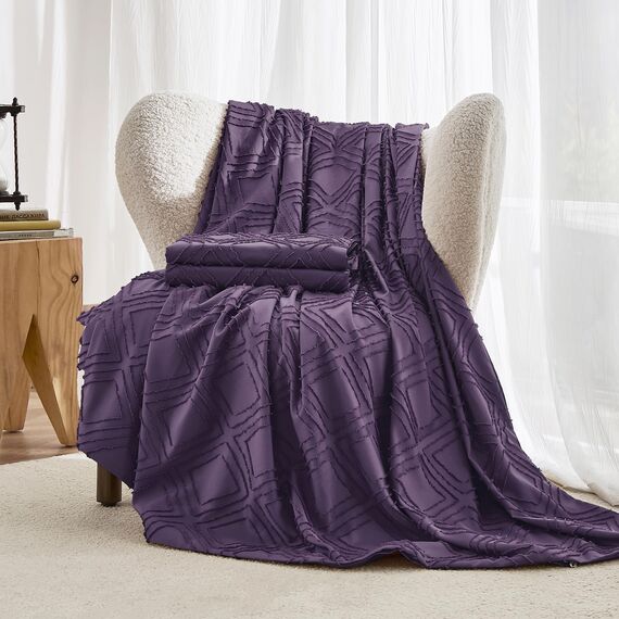 JELLYMONI Bettbezug, Queen-Size, Lila, 3-teiliges Boho-Bettwäsche-Set, kariert, Polyester, getuftet, Bohemian-Jacquard-Strick, strukturierter Bettbezug, 228,6 x 228,6 cm, rautenförmiges geometrisches