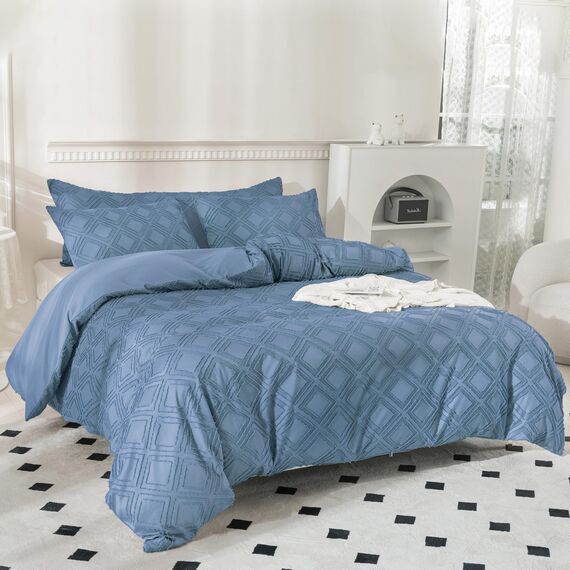 JELLYMONI Bettbezug, Twin-Size, Blau, 3-teiliges Boho-Bettwäsche-Set, kariert, Polyester, getuftet, Bohemian-Jacquard-Strick, strukturierter Bettbezug, 172,7 x 228,6 cm, rautenförmiges geometrisches