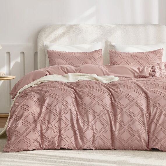 JELLYMONI Bettbezug, Queen-Size, Rosa (Smokey Pink), 3-teiliges Boho-Bettwäsche-Set, kariert, Polyester, getuftet, Bohemian-Jacquard-Strick, strukturierter Bettbezug, 228,6 x 228,6 cm, rautenförmiges
