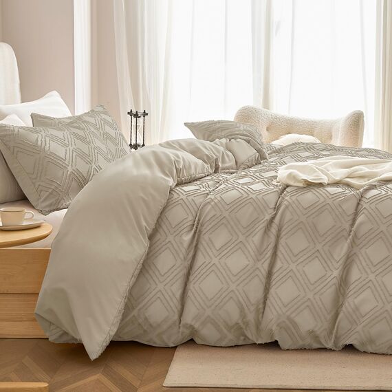 JELLYMONI Bettbezug, Queen-Size, Khaki, 3-teiliges Boho-Bettwäsche-Set, kariert, Polyester, getuftet, Bohemian-Jacquard-Strick, strukturierter Bettbezug, 228,6 x 228,6 cm, rautenförmiges geometrisches