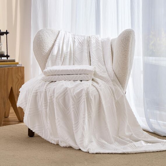 JELLYMONI Bettbezug, Twin-Size, Weiß (Bright White), 3-teiliges Boho-Bettwäsche-Set, kariert, Polyester, getuftet, Bohemian-Jacquard-Strick, strukturierter Bettbezug, 172,7 x 228,6 cm, rautenförmiges