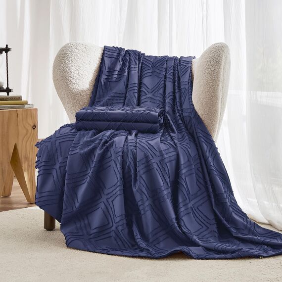 JELLYMONI Bettbezug, Full-Size, Marineblau, 3-teiliges Boho-Bettwäsche-Set, kariert, Polyester, getuftet, Bohemian-Jacquard-Strick, strukturierter Bettbezug, 203,2 x 228,6 cm, rautenförmiges