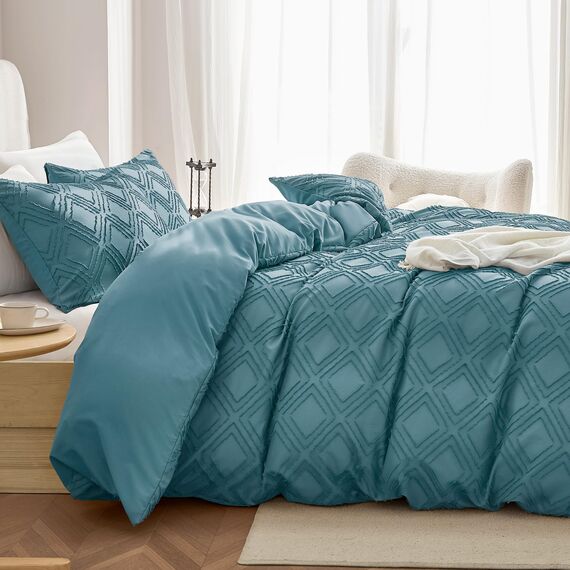 JELLYMONI Bettbezug, Queen-Size, Graublau, 3-teiliges Boho-Bettwäsche-Set, kariert, Polyester, getuftet, Bohemian-Jacquard-Strick, strukturierter Bettbezug, 228,6 x 228,6 cm, rautenförmiges