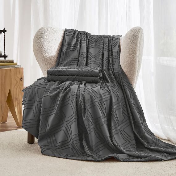JELLYMONI Bettbezug, Full-Size, Dunkelgrau, 3-teiliges Boho-Bettwäsche-Set, kariert, Polyester, getuftet, Jacquard-Strick, strukturierter Bettbezug, 203,2 x 228,6 cm, rautenförmiges geometrisches