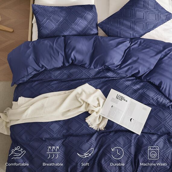 JELLYMONI Bettbezug, Twin-Size, Marineblau, 3-teiliges Boho-Bettwäsche-Set, kariert, Polyester, getuftet, Bohemian-Jacquard-Strick, strukturierter Bettbezug, 172,7 x 228,6 cm, rautenförmiges