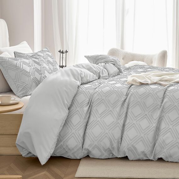 JELLYMONI Bettbezug, Queen-Size, Hellgrau, 3-teiliges Boho-Bettwäsche-Set, kariert, Polyester, getuftet, Bohemian-Jacquard-Strick, strukturierter Bettbezug, 228,6 x 228,6 cm, rautenförmiges