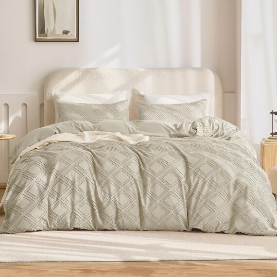 JELLYMONI Bettbezug, Full-Size, Khaki (Light Khaki), 3-teiliges Boho-Bettwäsche-Set, kariert, Polyester, getuftet, Bohemian-Jacquard-Strick, strukturierter Bettbezug, 203,2 x 228,6 cm, rautenförmiges
