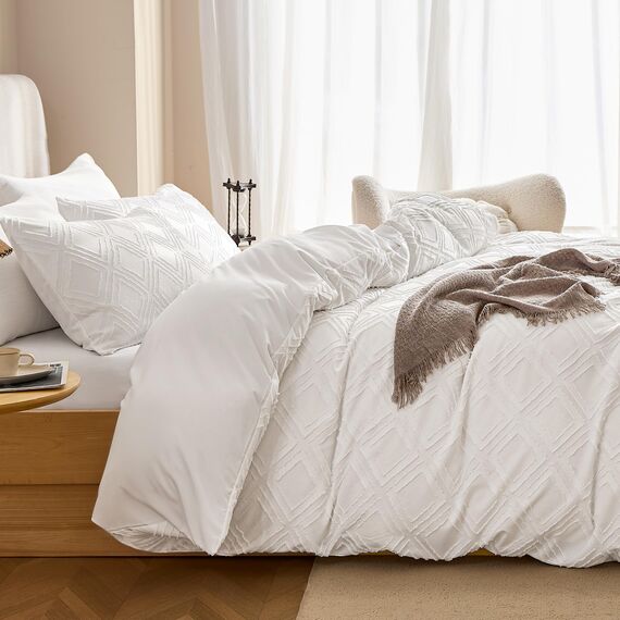 JELLYMONI Bettbezug, King-Size, Weiß (Bright White), 3-teiliges Boho-Bettwäsche-Set, kariert, Polyester, getuftet, Jacquard-Strick, strukturierter Bettbezug, 264,1 x 228,6 cm, rautenförmiges