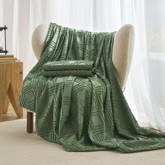 JELLYMONI Bettbezug, Twin-Size, Grün, 3-teiliges Boho-Bettwäsche-Set, kariert, Polyester, getuftet, Bohemian-Jacquard-Strick, strukturierter Bettbezug, 172,7 x 228,6 cm, rautenförmiges geometrisches