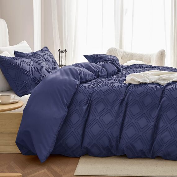 JELLYMONI Bettbezug, King-Size, Marineblau, 3-teiliges Boho-Bettwäsche-Set, kariert, Polyester, getuftet, Bohemian-Jacquard-Strick, strukturierter Bettbezug, 264,1 x 228,6 cm, rautenförmiges