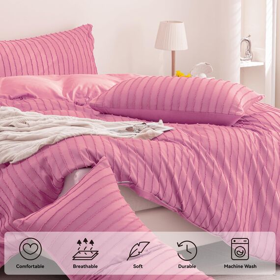 JELLYMONI Bettbezug, Queen-Size, Hellrosa, 3-teilig, Boho, gestreift, Polyester, getuftet, strukturiert, Bettdeckenbezug mit Eckbändern und Reißverschluss