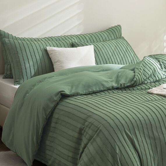 JELLYMONI Bettbezug, Super-Queen-Size, Grün, 3-teiliges Boho-Bettwäsche-Set, gestreift, Polyester, getuftet, Boho, strukturiert, 249 x 228,6 cm, mit Eckbändern, Reißverschluss und 2 Kissenbezügen
