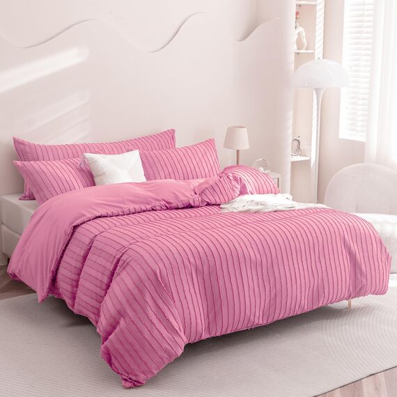 JELLYMONI Bettbezug, Queen-Size, Hellrosa, 3-teilig, Boho, gestreift, Polyester, getuftet, strukturiert, Bettdeckenbezug mit Eckbändern und Reißverschluss