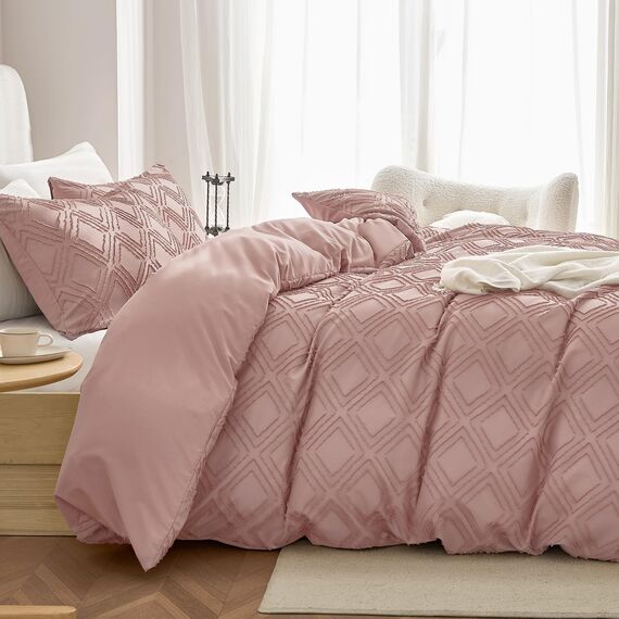 JELLYMONI Bettbezug, Queen-Size, Rosa (Smokey Pink), 3-teiliges Boho-Bettwäsche-Set, kariert, Polyester, getuftet, Bohemian-Jacquard-Strick, strukturierter Bettbezug, 228,6 x 228,6 cm, rautenförmiges
