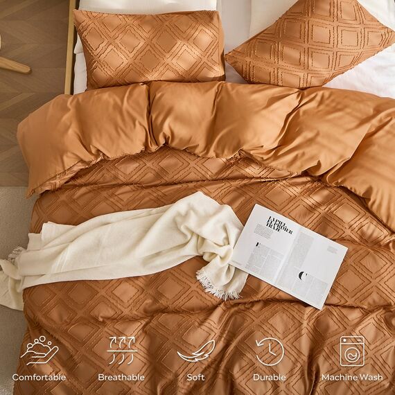 JELLYMONI Bettbezug, Full-Size, Rostbraun, 3-teiliges Boho-Bettwäsche-Set, kariert, Polyester, getuftet, Bohemian-Jacquard-Strick, strukturierter Bettbezug, 203,2 x 228,6 cm, rautenförmiges