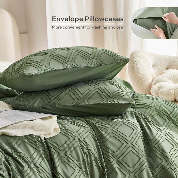 JELLYMONI Grüner Bettbezug für King-Size-Bett, Mikrofaser, getuftet, Boho-Stil, strukturierter Bettbezug, Jacquard-Rhombus, geometrisches Muster, Bettbezug mit Eckbändern und Reißverschluss
