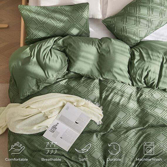 JELLYMONI Grüner Bettbezug für King-Size-Bett, Mikrofaser, getuftet, Boho-Stil, strukturierter Bettbezug, Jacquard-Rhombus, geometrisches Muster, Bettbezug mit Eckbändern und Reißverschluss