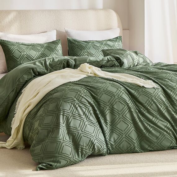 JELLYMONI Grünes Bettbezug-Set, Queen-Size-Größe, Mikrofaser, getuftet, Boho-Struktur, Jacquard-Raute, geometrisches Muster, Bettbezug mit Eckbändern und Reißverschluss