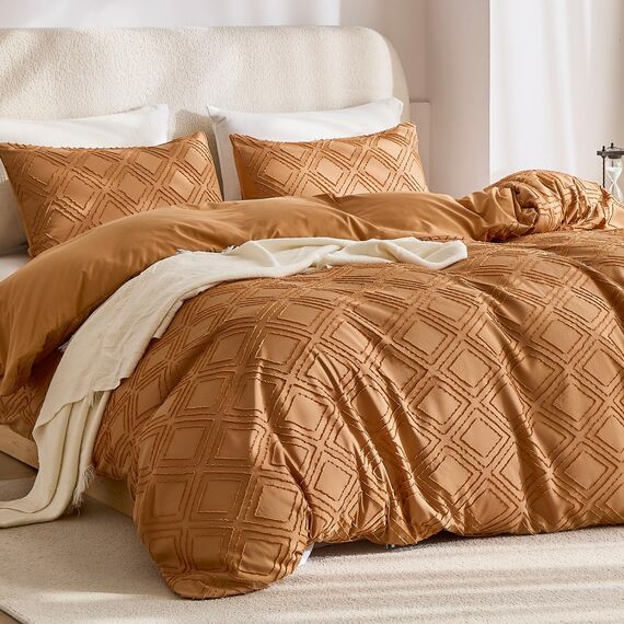 JELLYMONI Bettbezug, Full-Size, Rostbraun, 3-teiliges Boho-Bettwäsche-Set, kariert, Polyester, getuftet, Bohemian-Jacquard-Strick, strukturierter Bettbezug, 203,2 x 228,6 cm, rautenförmiges