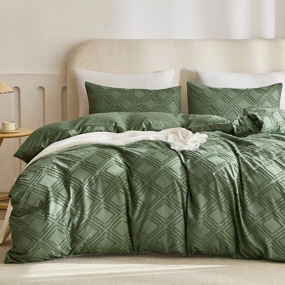 JELLYMONI Grüner Bettbezug für King-Size-Bett, Mikrofaser, getuftet, Boho-Stil, strukturierter Bettbezug, Jacquard-Rhombus, geometrisches Muster, Bettbezug mit Eckbändern und Reißverschluss