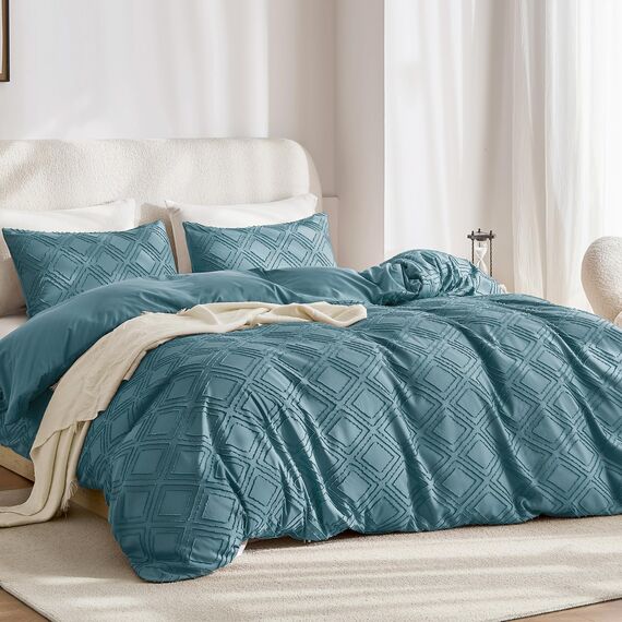JELLYMONI Bettbezug-Set, graublau, für Doppelbett, 3-teilig, Mikrofaser, getuftet, Boho-Stil, strukturierter Bettbezug, Jacquard, geometrisches Muster, Bettbezug mit Eckbändern und Reißverschluss
