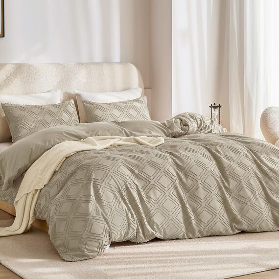 JELLYMONI Bettbezug, Queen-Size, Khaki, 3-teiliges Boho-Bettwäsche-Set, kariert, Polyester, getuftet, Bohemian-Jacquard-Strick, strukturierter Bettbezug, 228,6 x 228,6 cm, rautenförmiges geometrisches