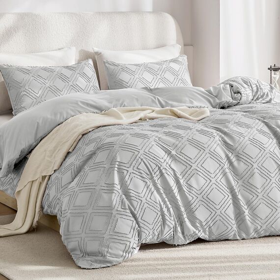 JELLYMONI Bettbezug, Queen-Size, Hellgrau, 3-teiliges Boho-Bettwäsche-Set, kariert, Polyester, getuftet, Bohemian-Jacquard-Strick, strukturierter Bettbezug, 228,6 x 228,6 cm, rautenförmiges