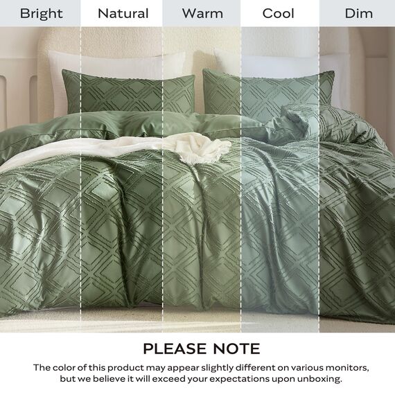JELLYMONI Grüner Bettbezug für King-Size-Bett, Mikrofaser, getuftet, Boho-Stil, strukturierter Bettbezug, Jacquard-Rhombus, geometrisches Muster, Bettbezug mit Eckbändern und Reißverschluss