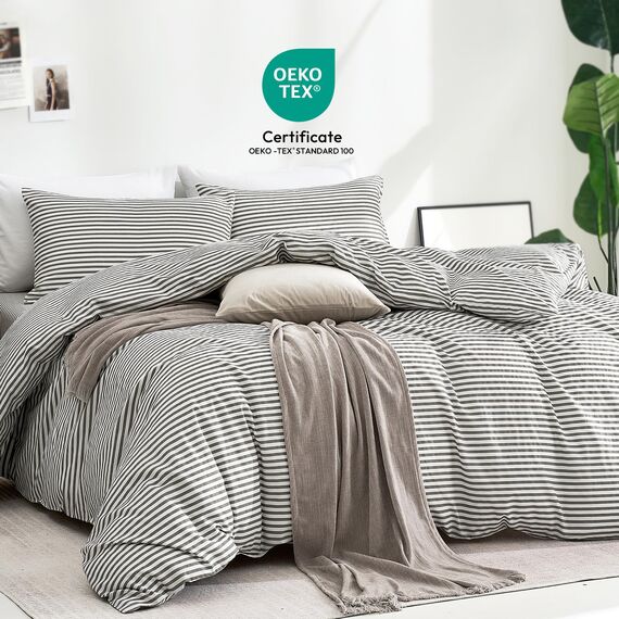 JELLYMONI 3-teiliges gestreiftes Bettbezug-Set aus 100% natürlicher Baumwolle, mit Reißverschluss und Eckbändern, weißer Bettbezug mit grauem Streifenmuster Bedruckt (volle Größe)
