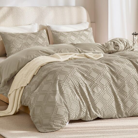 JELLYMONI Bettbezug, Twin-Size, Khaki, 3-teiliges Boho-Bettwäsche-Set, kariert, Polyester, getuftet, Bohemian-Jacquard-Strick, strukturierter Bettbezug, 172,7 x 228,6 cm, rautenförmiges geometrisches