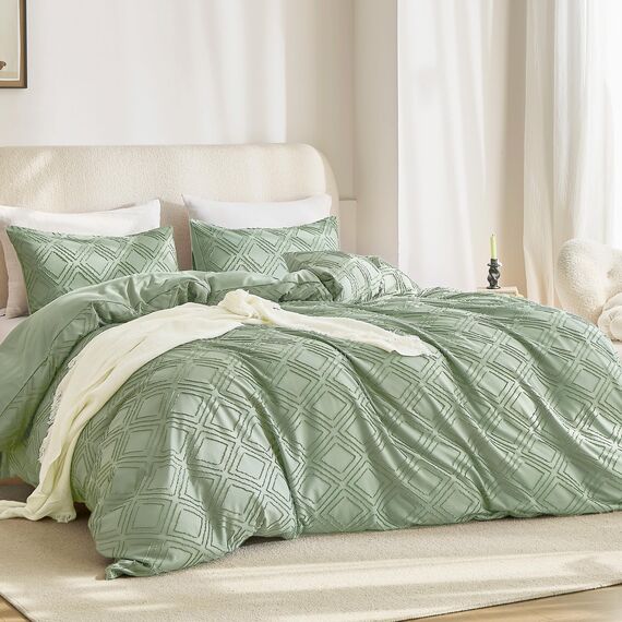 JELLYMONI Bettbezug, Twin-Size, Hellgrün, 3-teiliges Boho-Bettwäsche-Set, kariert, Polyester, getuftet, Bohemian-Jacquard-Strick, strukturierter Bettbezug, 172,7 x 228,6 cm, rautenförmiges