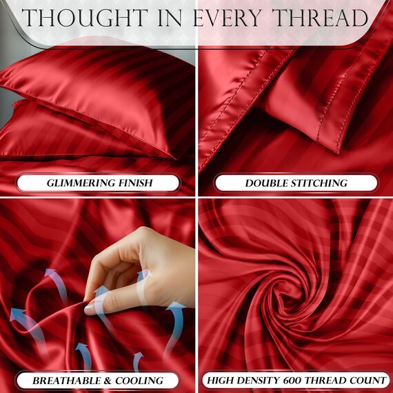 DECOLURE Gestreiftes Satin-Bettwäsche-Set für Doppelbett, luxuriös, seidiges Gefühl, Satin, Doppelbett, elegant, seidig, weich, Doppelbettgröße, faltenfrei, Doppelbett, rote Satin-Bettlaken mit tiefer