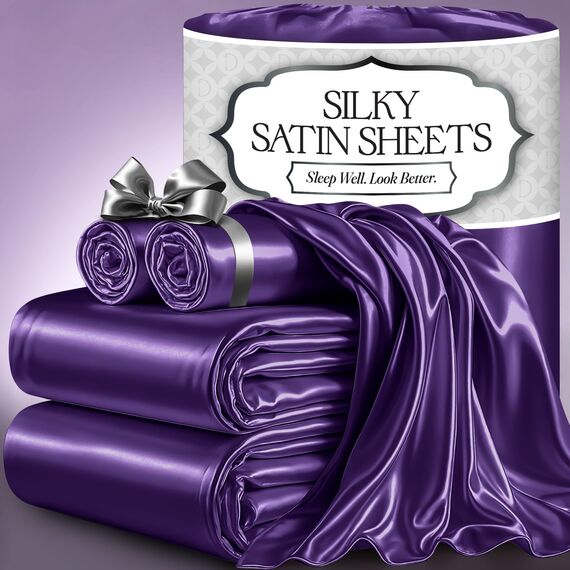 DECOLURE Satin-Bettwäsche-Set, 4-teilig, seidig, luxuriös, weiche Satin-Bettlaken für Doppelbett mit 38,1 cm tiefer Tasche, Doppelnähte, knitterfrei, Violett