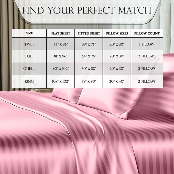 DECOLURE Gestreiftes Satin-Bettwäsche-Set für Doppelbett, luxuriöses Seidengefühl, Satin, Doppelbett, elegant, seidig, weich, Doppelbettgröße, faltenfrei, Twin-Satin, rosa Satin-Bettlaken mit tiefer