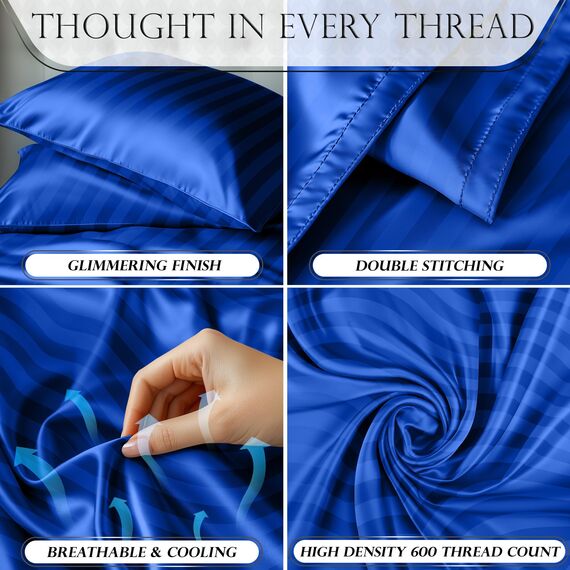DECOLURE Gestreiftes Satin-Bettwäsche-Set für Doppelbett, luxuriös, seidiges Gefühl, Satin, Doppelbett, elegant, seidig weich, Doppelbettgröße, faltenfrei, Doppelbett, blaue Satin-Bettlaken mit tiefer